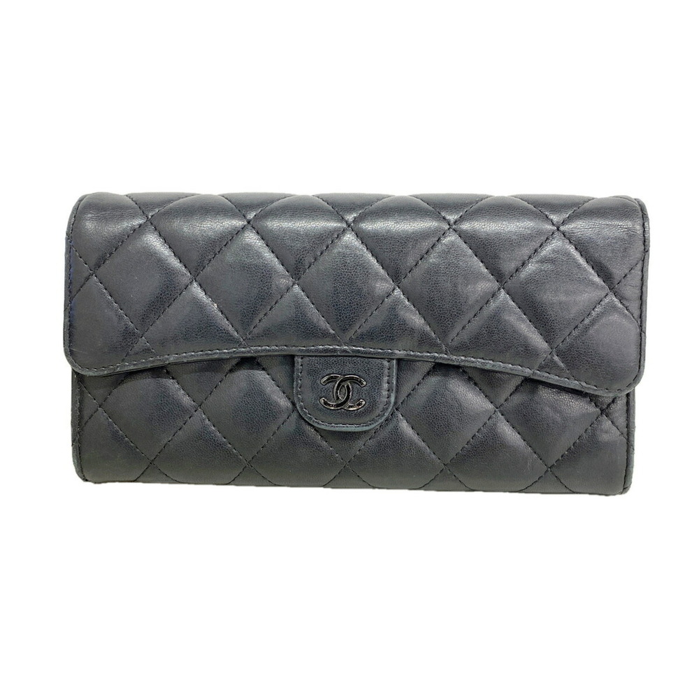 Chanel Matelassé Lambskin Long Wallet, Black, Women's
